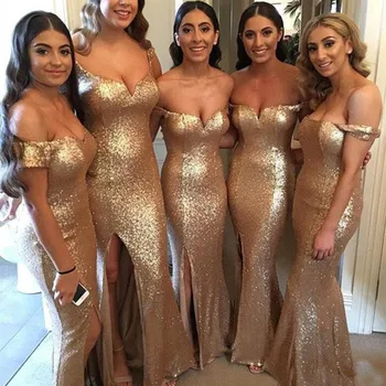 

U-SWEAR 2020 Sexy Gold Sequined Off-shoulder Mermaid Bridesmaid Dresses Custom Made Floor Length Maid Of Honor Gowns Mariage