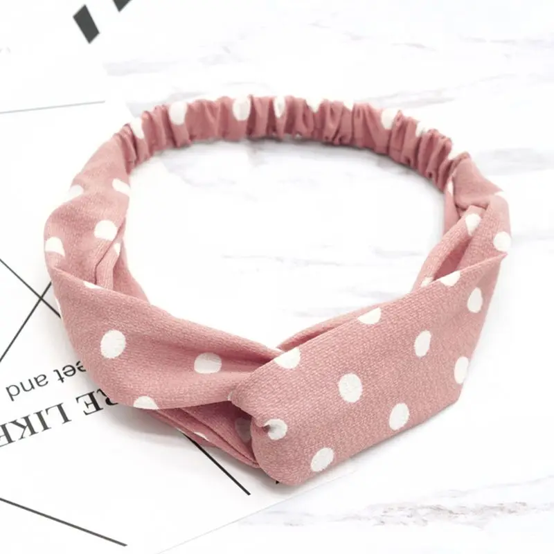 

Women Sweet Girls Vintage Polka Dot Printed Headband Literary Style Elastic Wide Hairband Cross Knotted Shower Makeup Turban