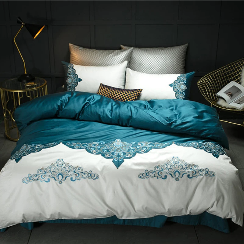 

White green Luxury Embroidery 60S Egypt Cotton Comfortable Bedding Set Duvet cover Bed Sheet Pillowcase Queen King size 4/7pcs