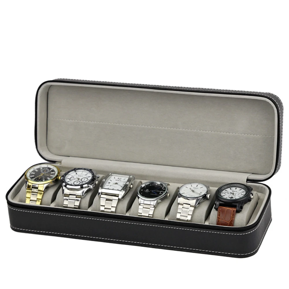 

Portable Watch Box Organizer PU Leather Casket with Zipper Classic Style 6 Grids Multi-Functional Bracelet Watch Display Case