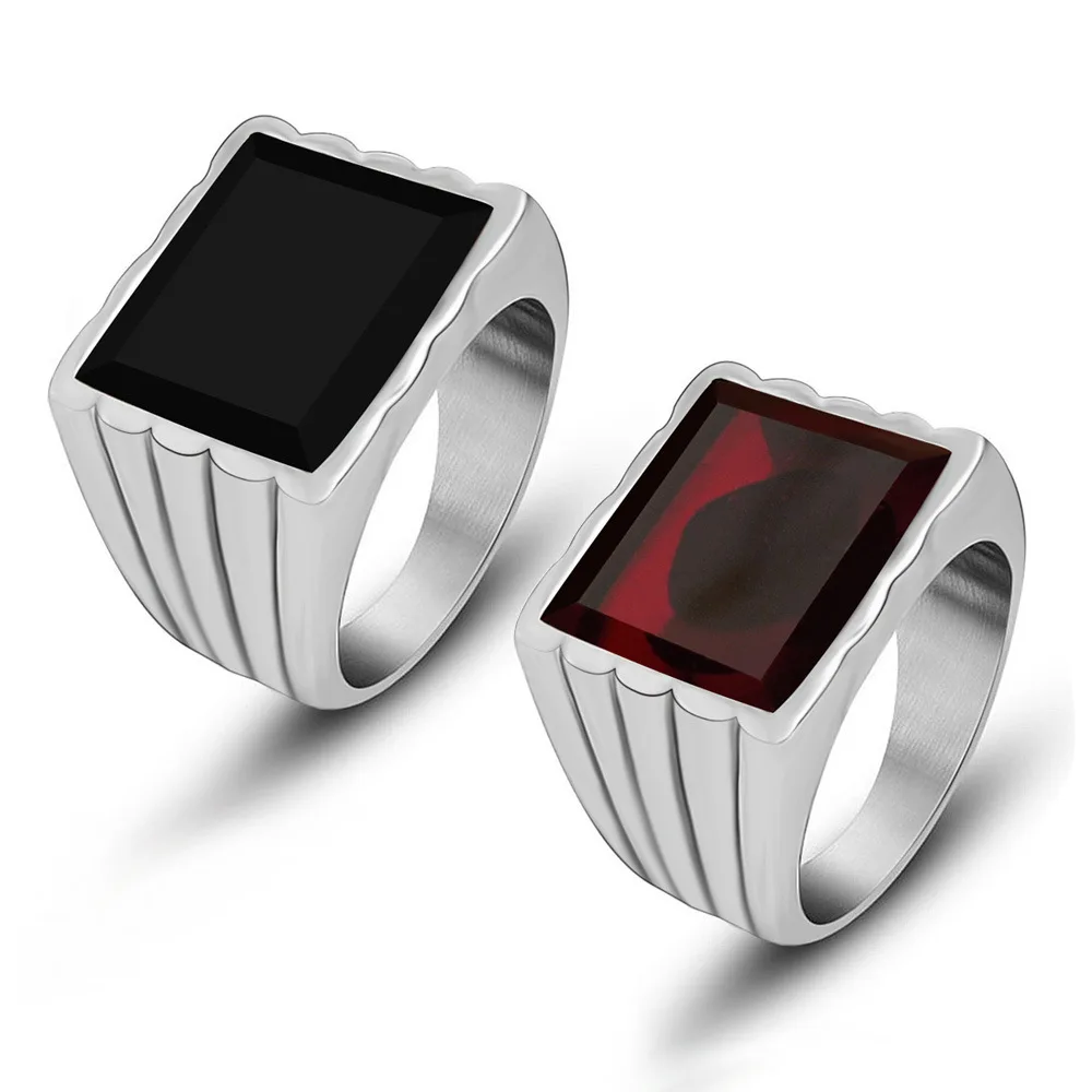 Simple Men Women Black,Red Square Gem Stone Ring Stainless Steel Finger Ring for Lovers