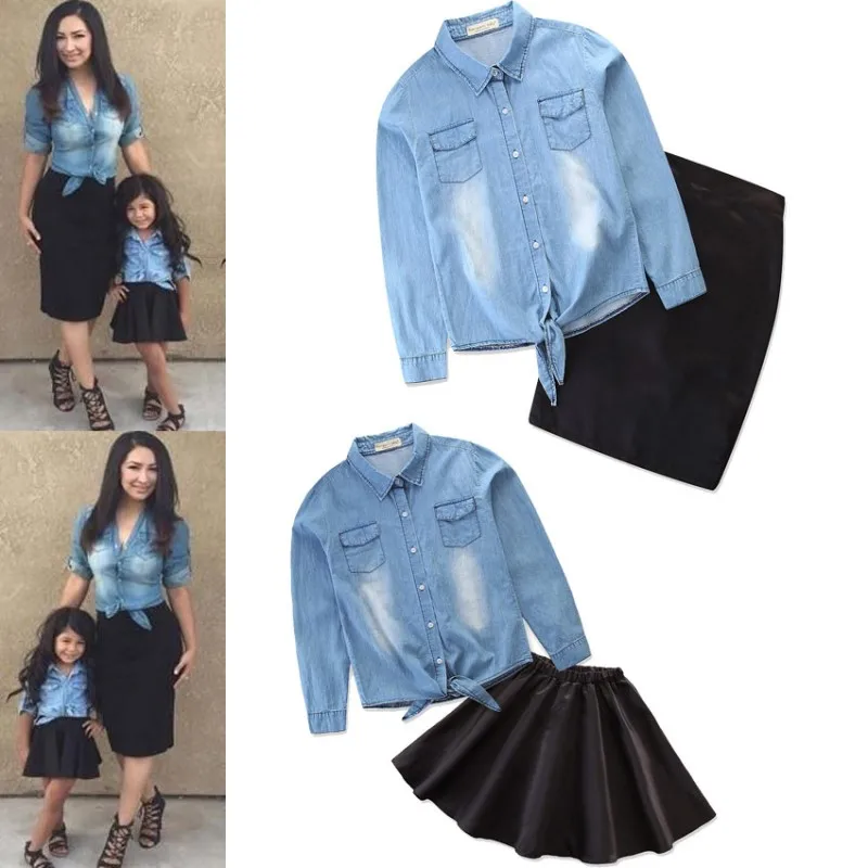 

Mother Daughter Dresses 2019 family look Denim blouse Shirt + Black Tutu Skirt Suit Family Matching Outfits Mommy and Baby Sets