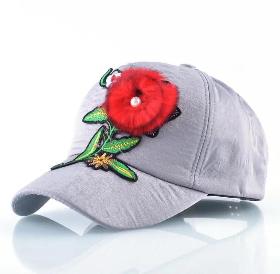 Женщин Кепки весна и осень красный пушистый цветок Бейсболки для женские хип-хоп Шапки для женщин Вышивка головные уборы шапки женские шляпа - Цвет: Gray