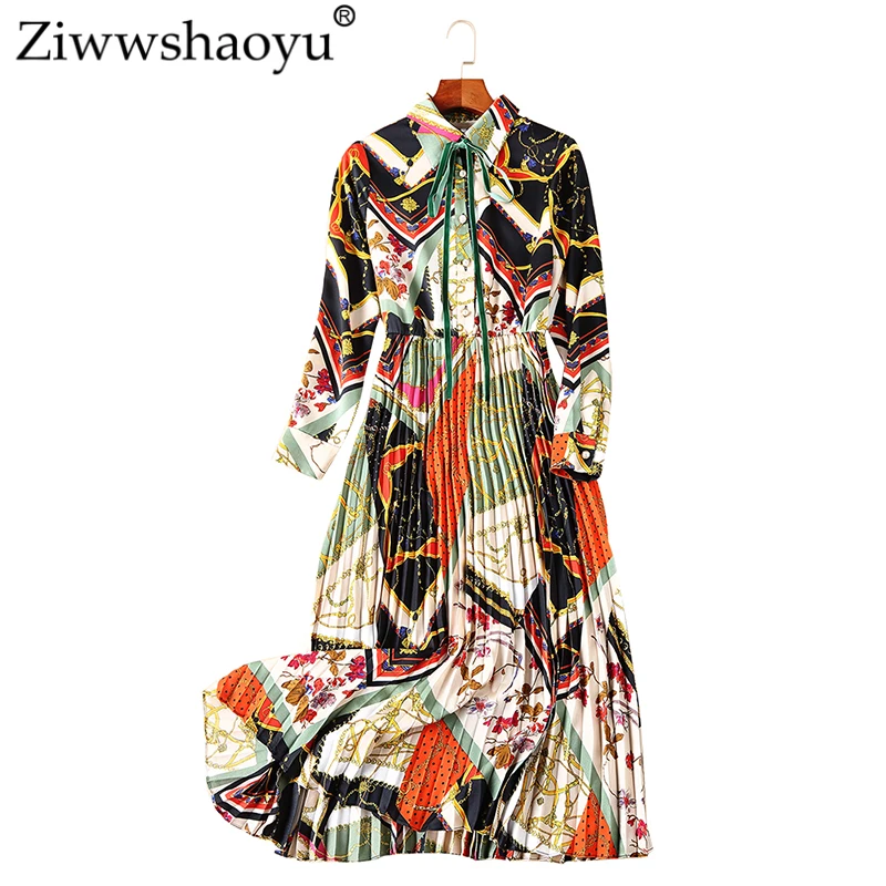 

Ziwwshaoyu Boutique Print Draped dress Turn-down Collar Bow Empire dress 2019 spring and summer new women