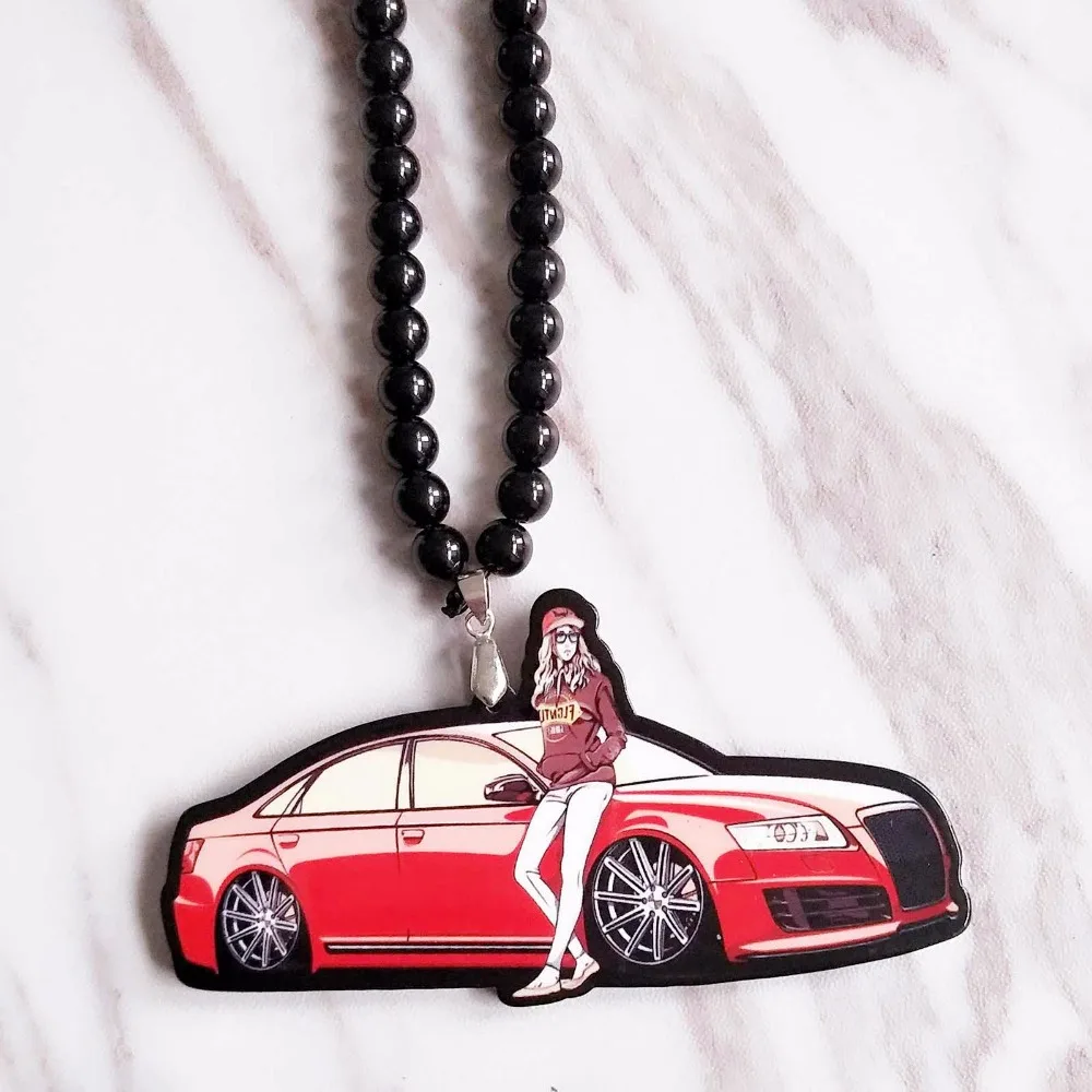 Красный крутой автомобиль Красота Девушка двухсторонний печатный значок модная подвеска автомобиль зеркало заднего вида JDM орнамент хип хоп ожерелье для Audi