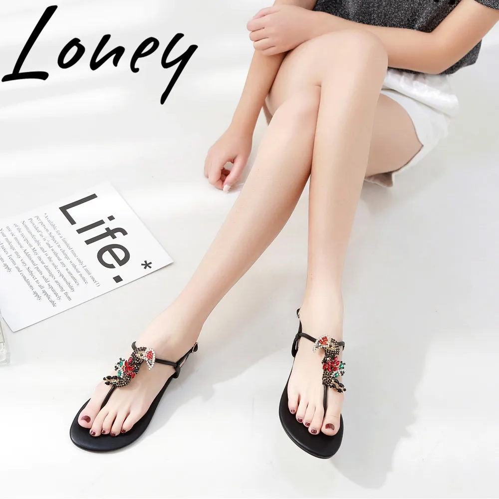 

Loney New Rome Gladiator Bohemian Beach Summer Sandals Open Toe Buckle Strap Crystal Bird Flats Sandals Shoes Women