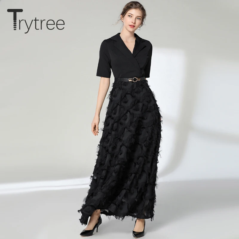 

Trytree Summer Dress Elegant Feathers Black White Solid women dresses Sashes Notched Neck A-line Ankle-Length Office Lady Dress