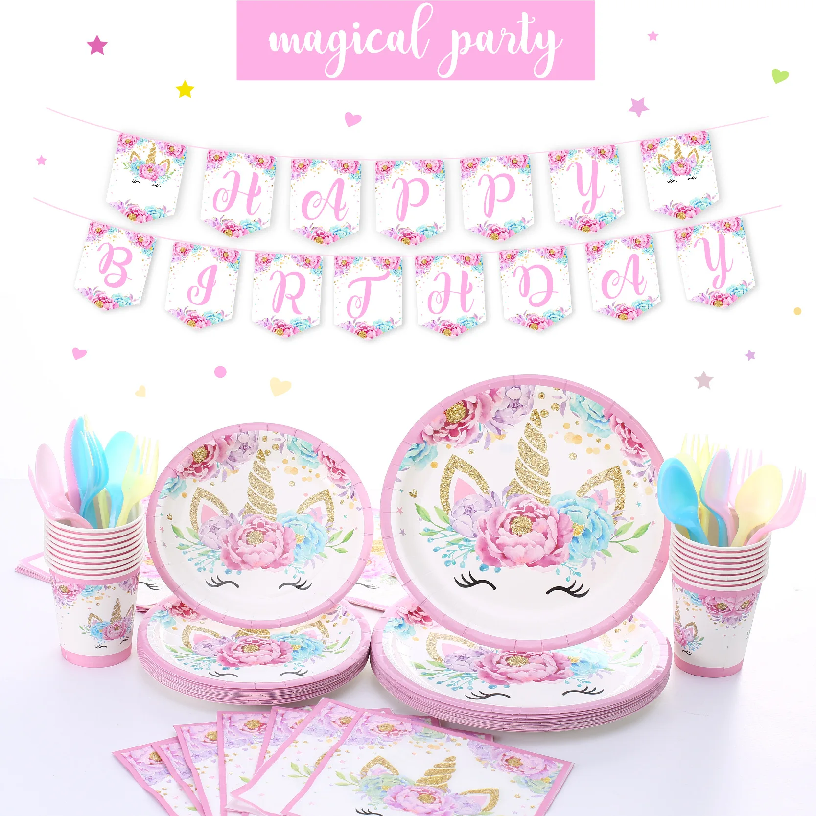 

Unicorn Theme Disposable Party Tableware Paper Plate Cup Flag Banner Napkin Wedding Kid Birthday Pool Party Decor Supplies,Q
