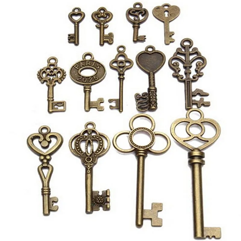 13Pcs Antique Vintage VTG Old Look Skeleton Keys Bronze Steampunk Pendants