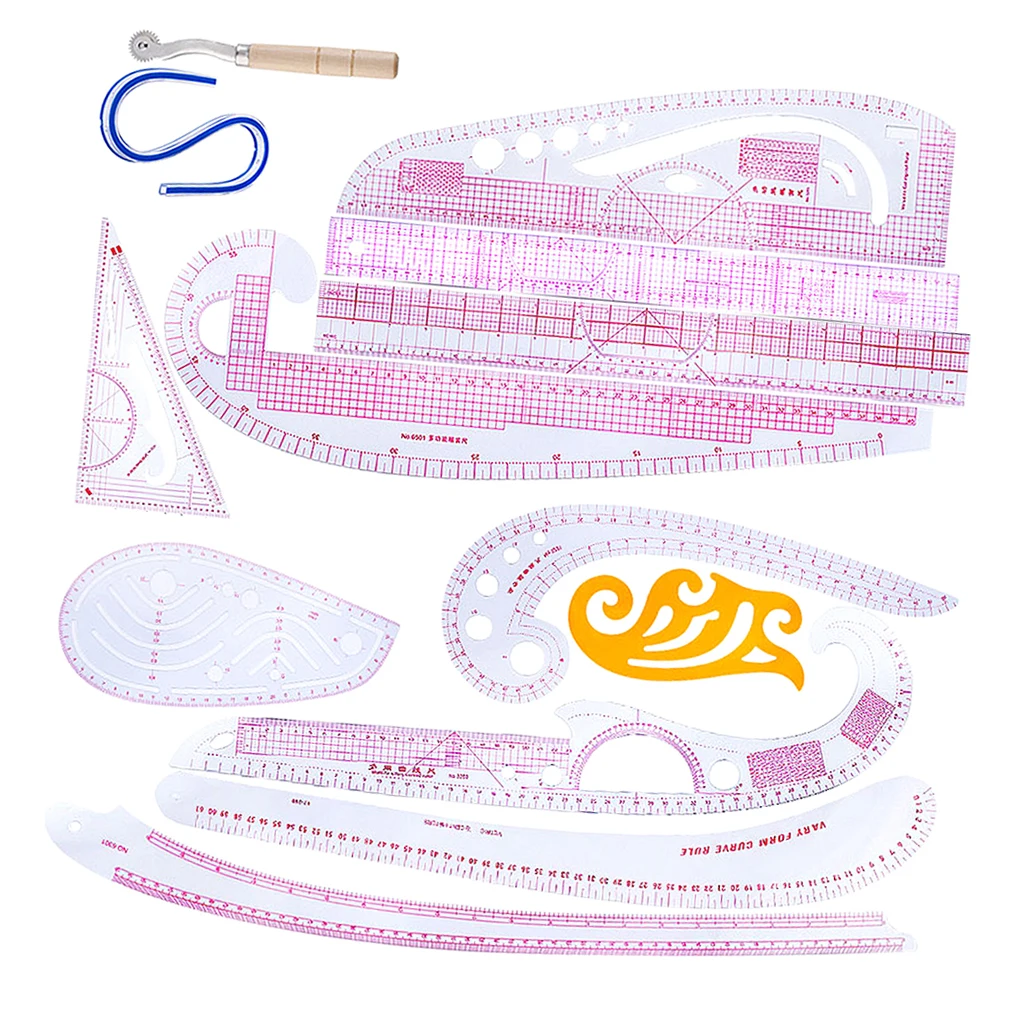 13 Pieces Multi-Style Design Drawing Comma Line Straight French Curve Ruler Set Clothing Design Rulers for Drawing Cutting Plate