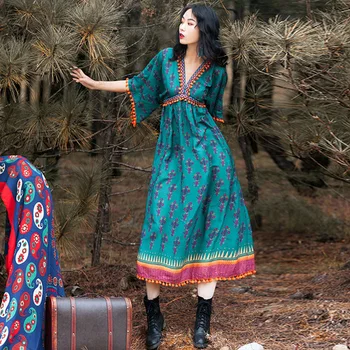 

Retro Dress Women Print Tassel High Waist V-neck Boho Dress Ethnic Style Vintage Dress Casual Beach Women's Clothing