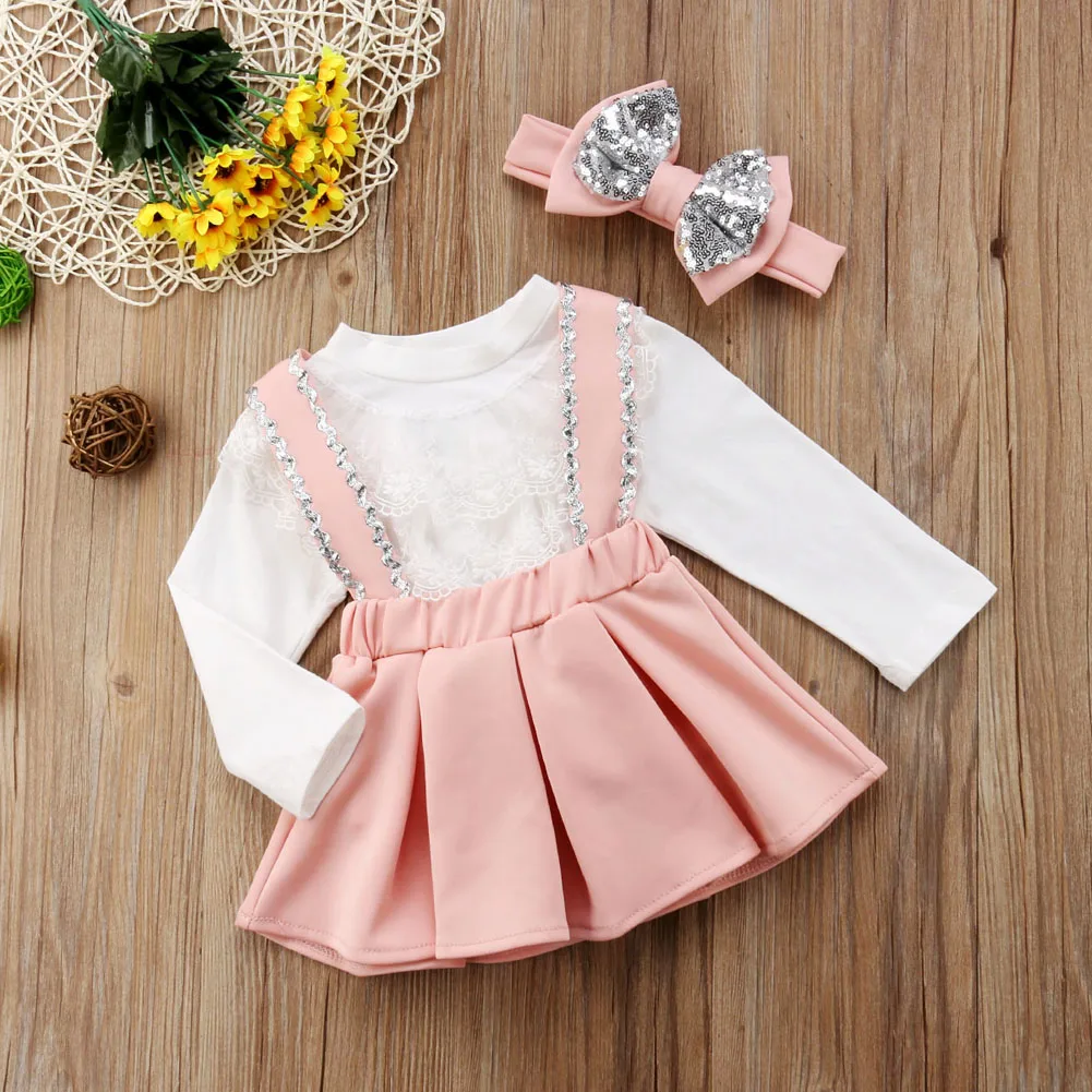 kid Casual Clothing Set Lace Cotton Blend 3Pcs Baby Toddler Girls Kids Overalls Skirt+Headband+Romper Clothes Outfits 1-6Y