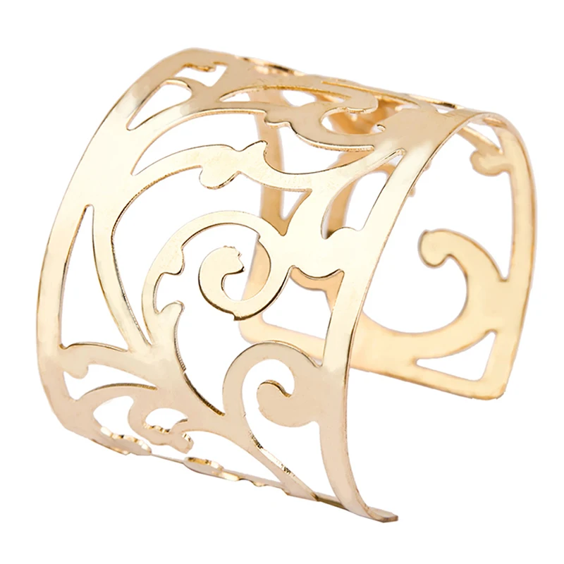 

Hot Luxury Fashion Women's Punk Style Big Wide Gold Color Hollow Flower Cuff Bangle Bracelet Women Boho Bracelets