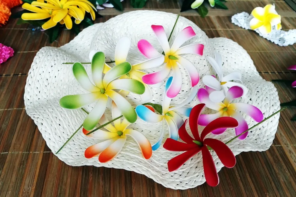 

Free Shipping F114 COLORFUL 100pcs/ lot 8 CM 8 COLORS Foam tiare hair pick women wear hair accessories Hawaii tropical flower