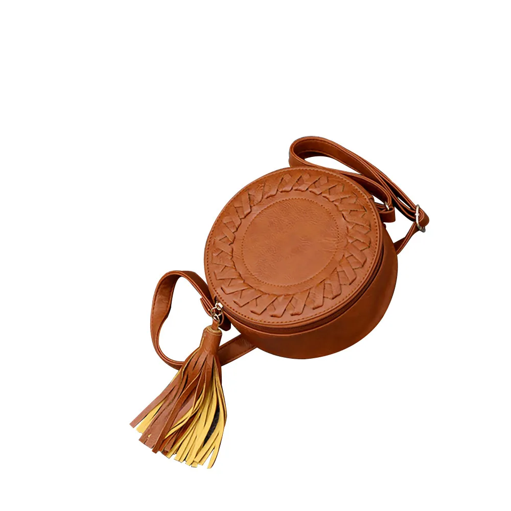 Женская круглая сумка с кисточкой, повседневная, на одно плечо, регулируемая, плетеная, сумка на плечо, сумки для женщин, bolsa feminina w - Цвет: brown