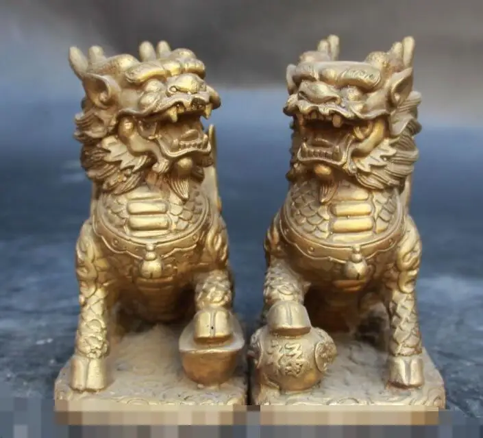 

13cm Chinese Fengshui Pure Bronze Wealth Yuanbao kylin Kirin Chi-lin Pair Statue