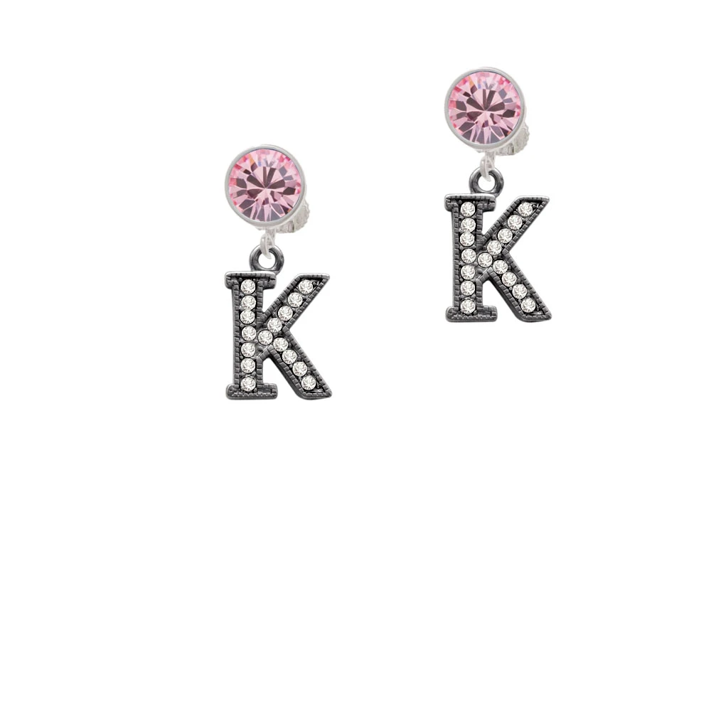Crystal Black Initial - K - Beaded Border - Crystal Clip On Earrings (3)