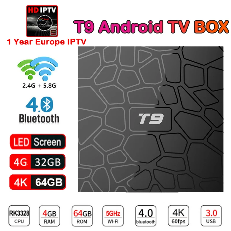 

IPTV subscription T9 TV Box Android 8.1 RK3328 Quad core 4G 32G 64G 2.4+5.8GHz WiFi HD 3D 4K H.265 BT Netflix Smart Set top box