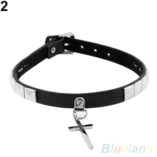 

Punk Gothic Black Leather Choker Heart Chain Spike Rivet Buckle Collar Necklace 1U2N