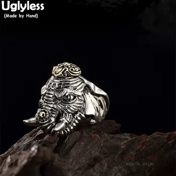 

Uglyless Real 925 Sterling Silver Men Handmade Open Rings Carved Thai Elephant God Finger Ring Steam Punk Hip-hop Dress Jewelry