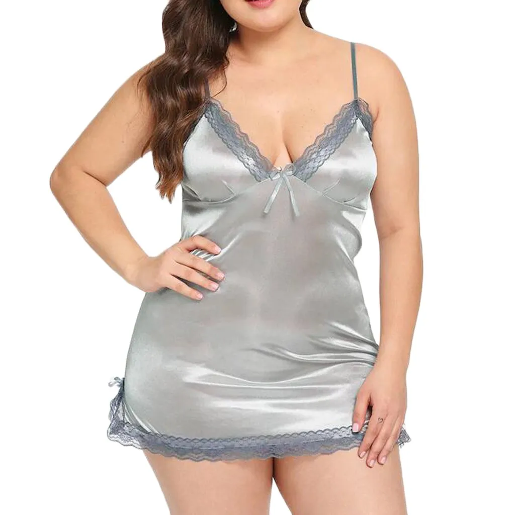 Plus Size Womens Sleepwear Lingerie Nightdress Ladies Underwear Sexy Satin Sling Sleepwear Pijama Mujer Algodon Verano#W - Цвет: Silver