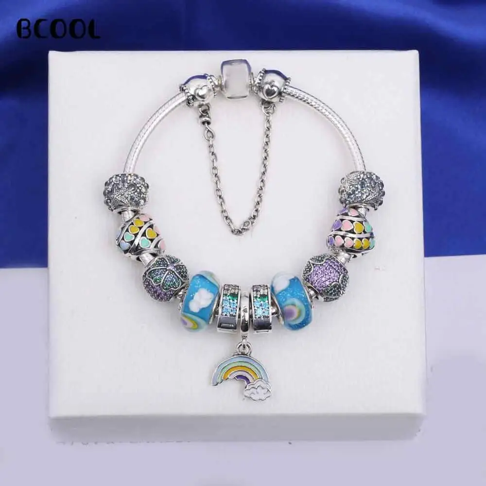 

925 Sterling Silver Original 1:1, Fashionable Silver Charm Bracelet, Suitable For Women's Rainbow Crystal Beads Bracelet Jewelry