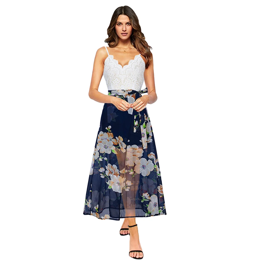 

Backless Floral Print Chiffon Dress Lace V Neck Open Back Beach Summer Girls Casual Long Dress XL Sundress Female 2019