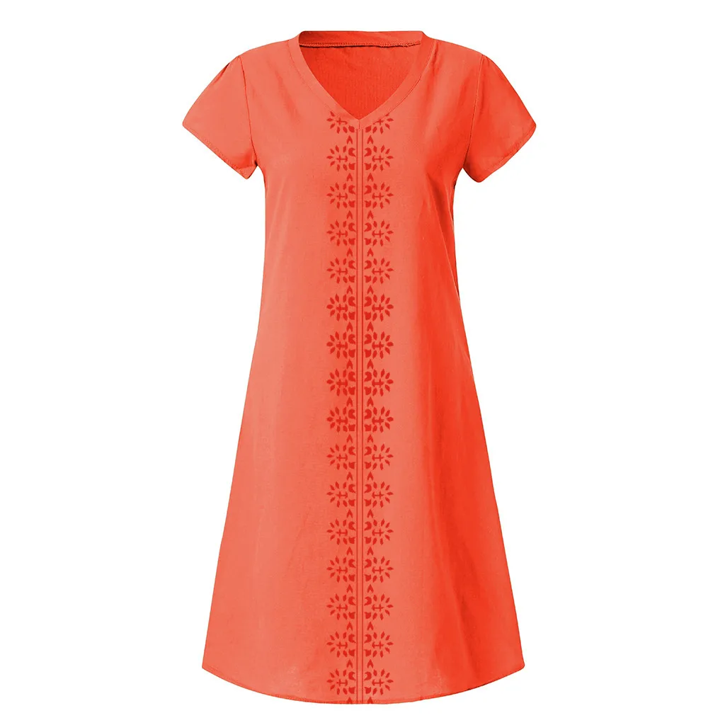 Женское летнее платье с v-образным вырезом из хлопка и льна, повседневные платья размера плюс, модные пляжные платья, вечерние S-5XL платья - Цвет: Orange