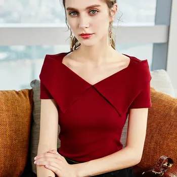 

Women Tops Tees Lapel t-shirt female sense v-neck short-sleeved t-shirt heart machine large neckline dew clavicle blouse