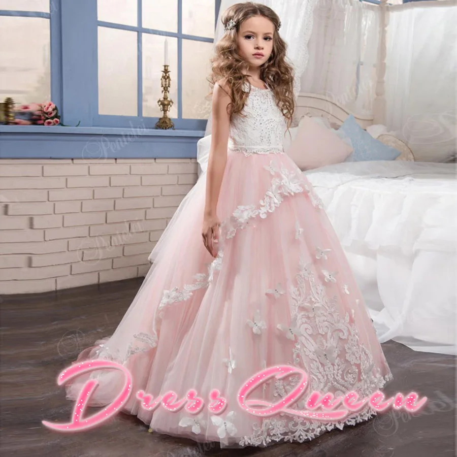 

2017 New Arrival Pink Lace Flower Girl Dress For Wedding Tulle Appliques First Communion Dresses Ball Gown Vestidos Longo Custom