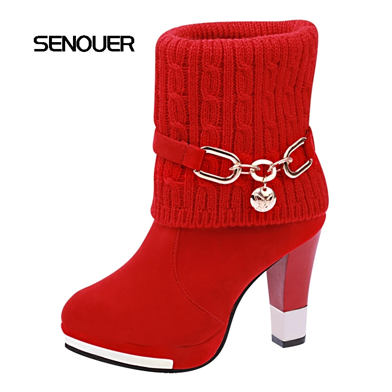 

SENOUER Big Size Women Wedding Shoes Red Warm Women Winter Boots Plus Velvet Yarn Knitted Ladies Shoes High Heels Size 41