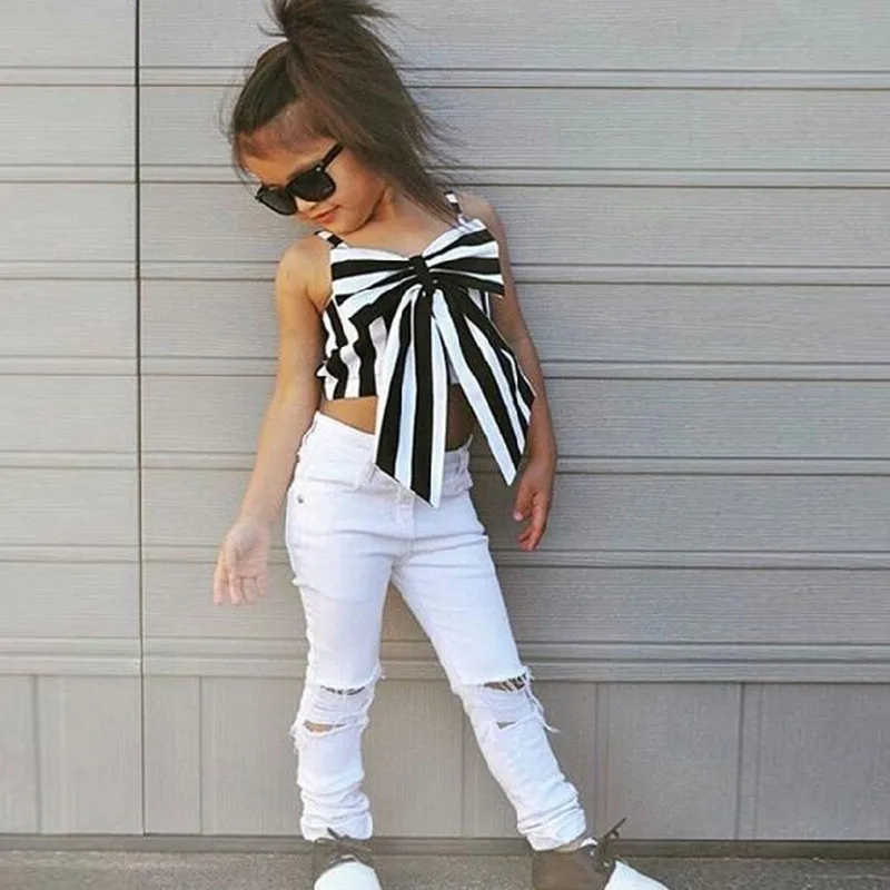 

2018 Kids Clothes Summer Girls 2 PCS Clothing Set Cotton Tube Top+Jean Pant Outfits roupas infantis menina D0858