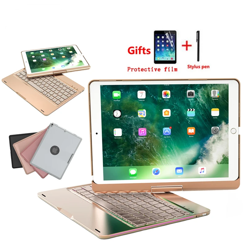 

Luxury 360 Rotating Aluminum Alloy Case For iPad Pro 10.5 A1701 A1709 Color Backlight Wireless Bluetooth Keyboard Cover+pen+film