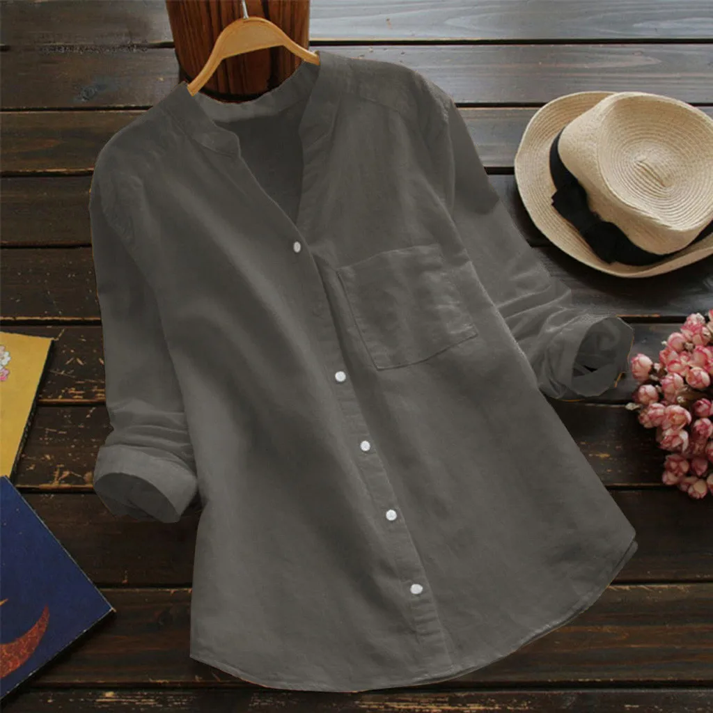 Dioufond Новинка хлопковая рубашка Высокое качество Женская блузка v-образный вырез с длинным рукавом однотонные синие рубашки тонкие женские повседневные женские топы