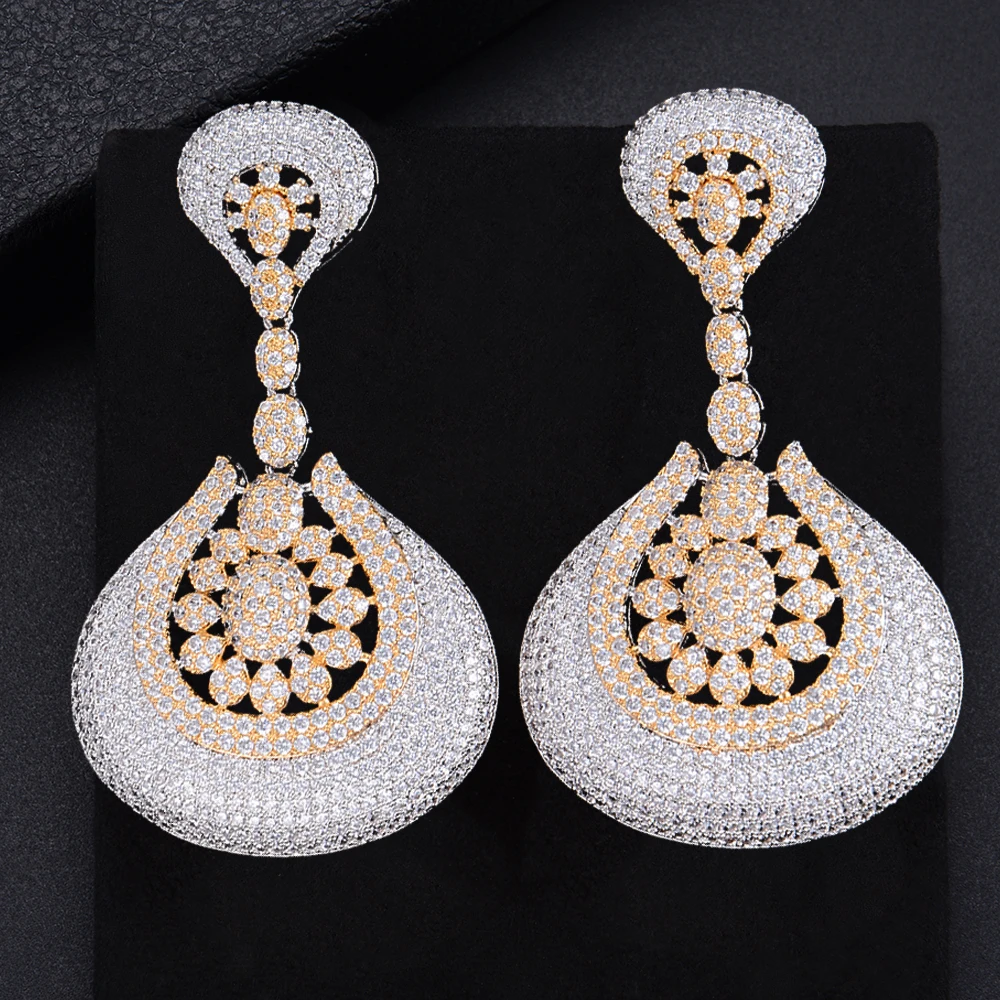 

62mm Trendy Waterdrop Pierced Geometry Pendant Three Colors Cubic Zirconia Dangle Drop Earrings For Women Girls
