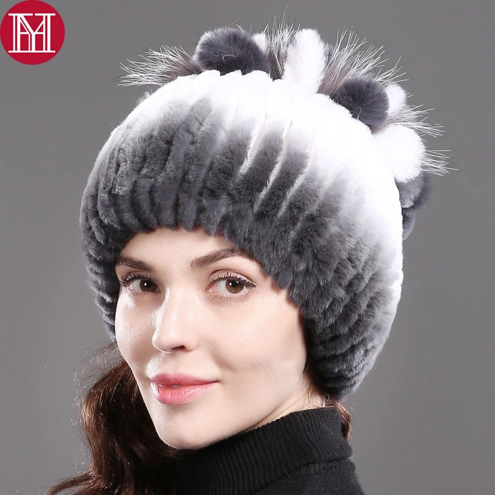 

Good Elastic Knit Real Rex Rabbit Fur Beanies Hats Women Real Sliver Fox Fur Skullies Hat 100% Real Natural Rex Rabbit Fur Caps
