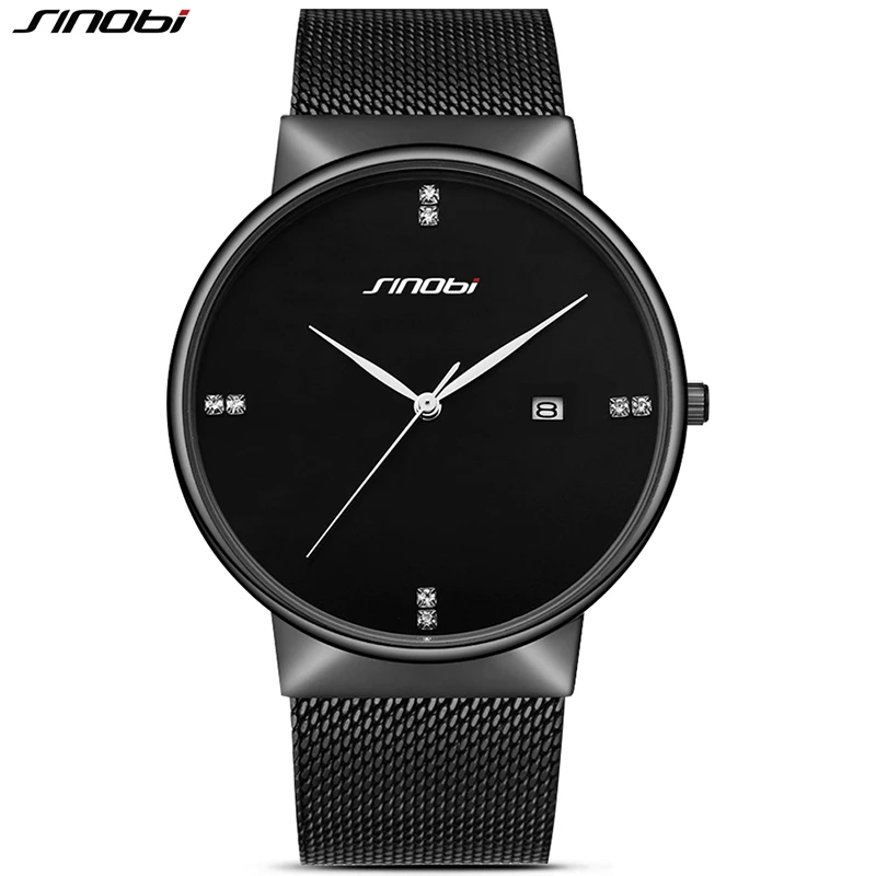 

SINOBI Simple Business Wrist Watch Men Mesh Stainless Steel Watchband Crystal Scale Watches Male Geneva Clock Relogio Masculino