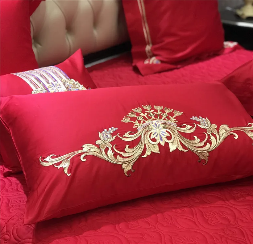 Waliicorners Egyptian Cotton Luxury Embroidery Red Wedding Bedding set Duvet cover Bed Sheets,Silky Ultra soft Queen King size 4/6/9- 22 IMG_8787