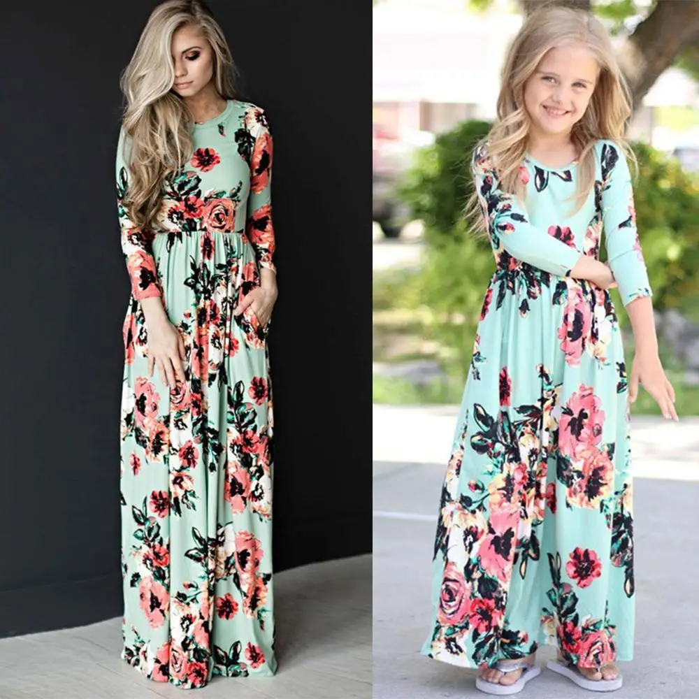 

2019 Summer Mother & Kids Long Dress Floral Print Boho Beach Dress Tunic Maxi Dress Women Evening Party Dress Sundress Vestidos