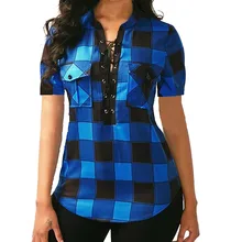 Mulheres blusa xadrez camisas topo causal manga curta v pescoço camisa sexy bolsos bandagem plus size 5xl 2019 mujer senhoras do escritório