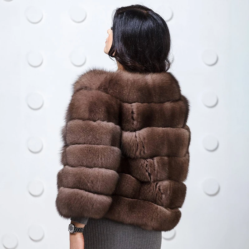 FURSARCAR Новое Женское зимнее пальто из Натурального Коричневого лисьего меха для женщин короткая тонкая куртка из натурального меха модная Роскошная верхняя одежда