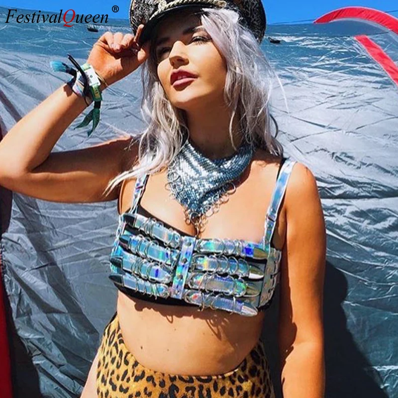 FestivalQueen Женская Сексуальная Лазерная ПУ майка Модная голографическая ручная работа пэчворк открытая спина кроп Топы Вечеринка клуб одежда для леди