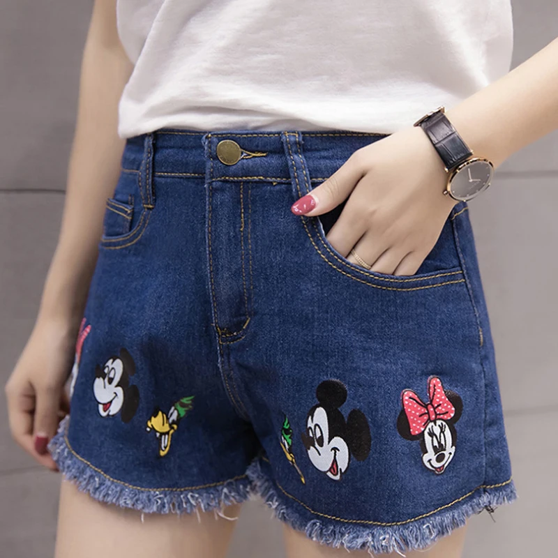 

Embroidered Cartoon Mickey Mouse Jeans Shorts Ripped Mom Jeans Summer Denim Short Jeans For Women High Wasted New Hot Denim Pant