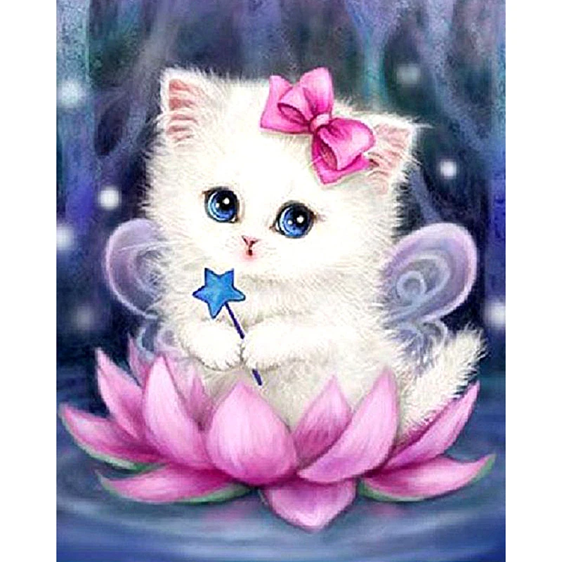 5D DIY Diamond Painting cat & lotus 3D Embroidery set Cross Stitch Mosaic Decor gift