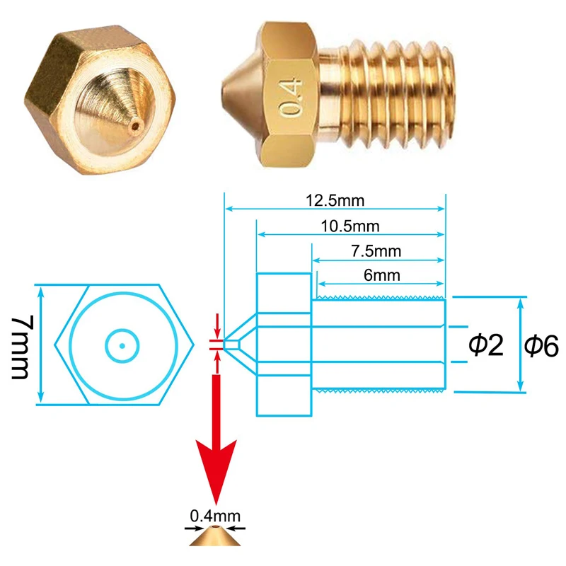 5 шт. V5 V6 сопла 0,2 0,25 0,3 0,35 0,4 мм 0,5 0,6 0,8 1,0 часть Медь 1,75 мм нити M6 латунные 3D принтеры Запчасти