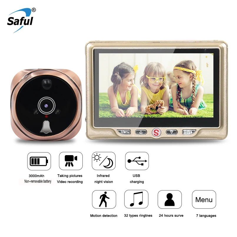 

Saful 4.3" Digital Video Door Viewer 3X Zoom IR Wide Angle Recording Door Viewer Doorbell Peephole Camera With TF Card Security