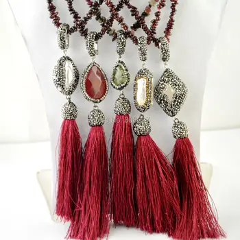 

Newest Design 5pcs Mixed Style Pave Rhinestone Crystal Tassels Chains Tourmaline Stone Charms Necklaces Pendants Jewelry