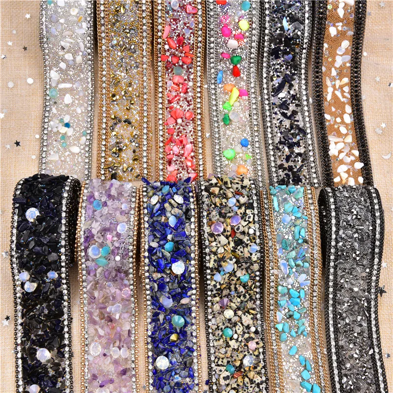 

3.5cm width 1meter mix stone crystal rhinestone mesh trim hotfix banding strass crystal chain bridal beaded applique for dres