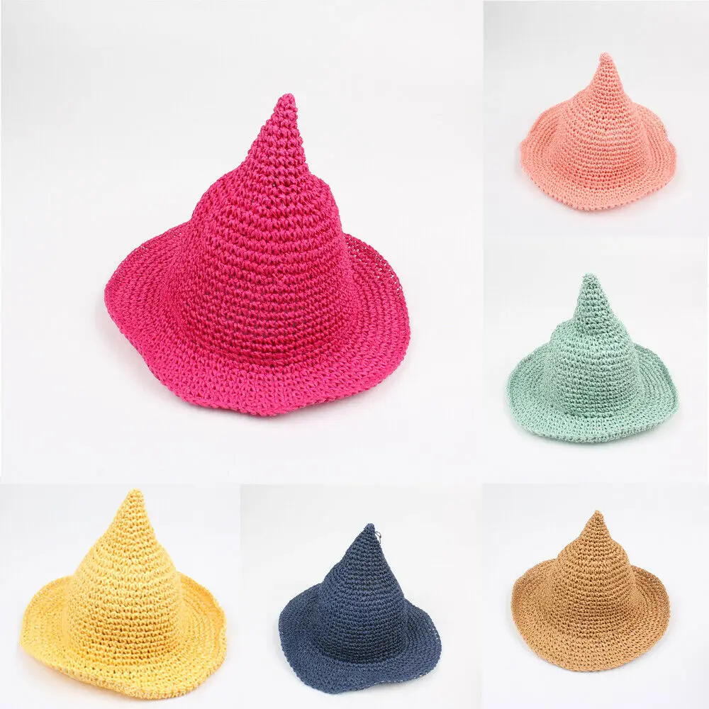 

2019 New Baby Girl Witch Pointed Tip Straw Hat Solid Summer Cap Brim Sun Hats Wide Sunhat Beach Hat 9 Color