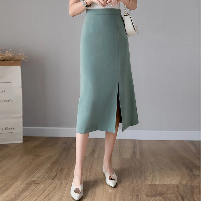 

Fashion Spring Summer Midi Skirt Women Elegant Solid Side Split High Waist Skirts Slim Hip Package Office Work Ladies Plus Size
